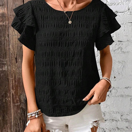 Round Neck Flounce Sleeve Blouse - MimiStylez