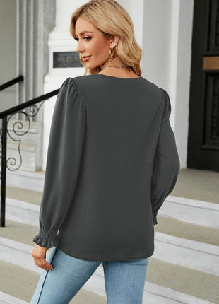 Round Neck Smocked Flounce Sleeve Blouse - MimiStylez