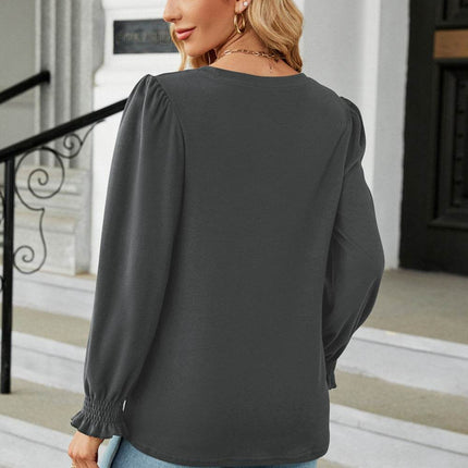 Round Neck Smocked Flounce Sleeve Blouse - MimiStylez