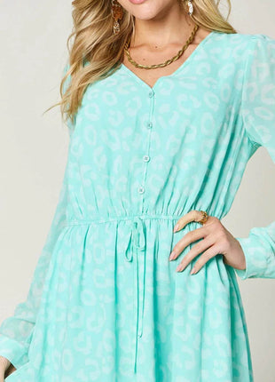 Double Take Full Size Printed Ruched V-Neck Long Sleeve Dress - MimiStylez