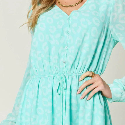 Double Take Full Size Printed Ruched V-Neck Long Sleeve Dress - MimiStylez