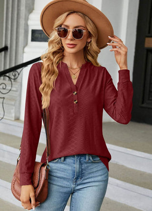 Notched Neck Long Sleeve Buttoned Blouse - MimiStylez