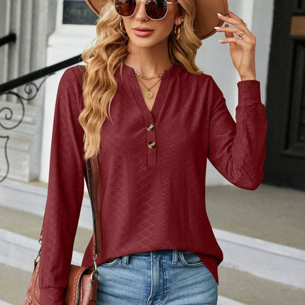 Notched Neck Long Sleeve Buttoned Blouse - MimiStylez