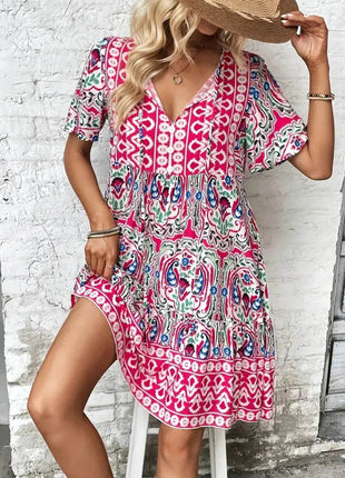 Printed Tie Neck Short Sleeve Dress - MimiStylez