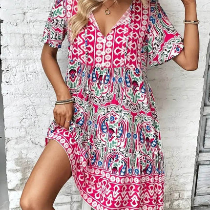 Printed Tie Neck Short Sleeve Dress - MimiStylez