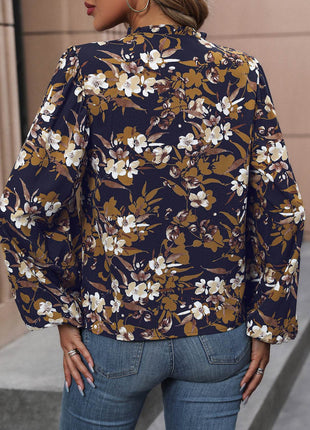 Floral Notched Balloon Sleeve Blouse - MimiStylez