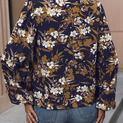 Floral Notched Balloon Sleeve Blouse - MimiStylez