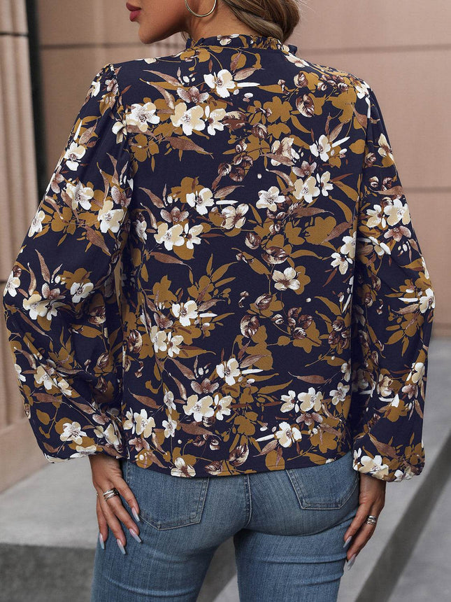 Floral Notched Balloon Sleeve Blouse - MimiStylez