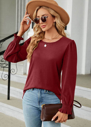 Round Neck Smocked Flounce Sleeve Blouse - MimiStylez