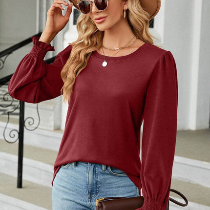 Round Neck Smocked Flounce Sleeve Blouse - MimiStylez