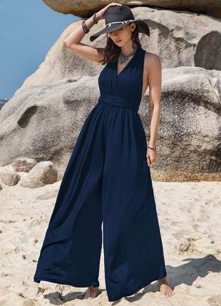 Surplice Wide Leg Jumpsuit with Free Tie - MimiStylez