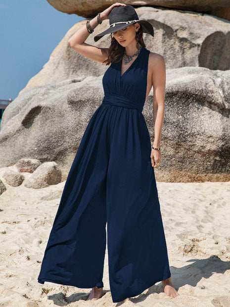 Surplice Wide Leg Jumpsuit with Free Tie - MimiStylez