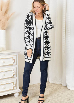 Woven Right Houndstooth Open Front Longline Cardigan - MimiStylez
