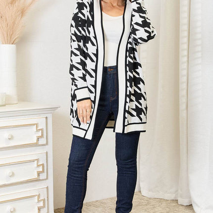 Woven Right Houndstooth Open Front Longline Cardigan - MimiStylez
