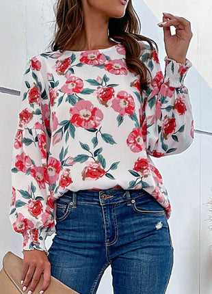Floral Long Puff Sleeve Round Neck Blouse - MimiStylez