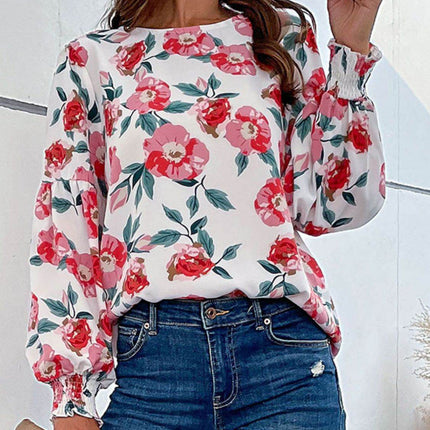 Floral Long Puff Sleeve Round Neck Blouse - MimiStylez