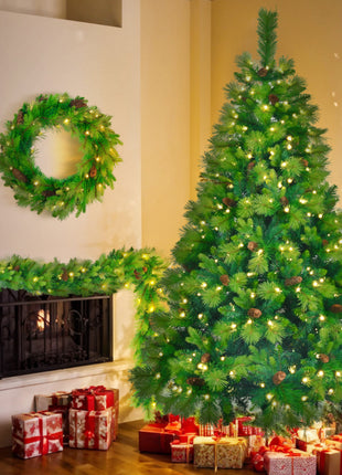 6FT Pre Lit Pine Christmas Tree With Pine Cones, Includes Pre Lit Garland and Wreath - 3PC Set