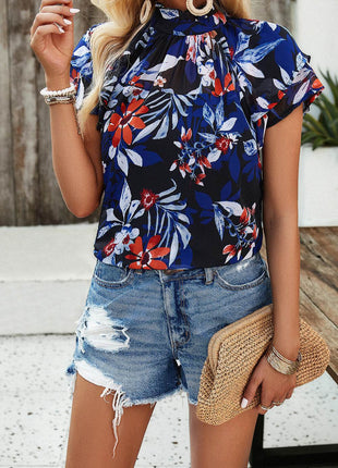 Printed Ruffled Mock Neck Blouse - MimiStylez