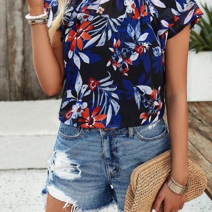 Printed Ruffled Mock Neck Blouse - MimiStylez