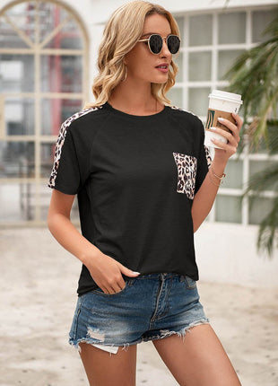 Pocketed Leopard Round Neck Short Sleeve T-Shirt - MimiStylez