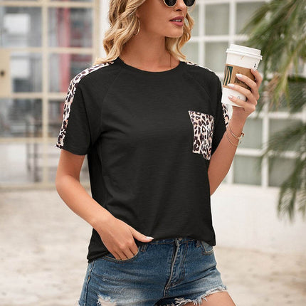 Pocketed Leopard Round Neck Short Sleeve T-Shirt - MimiStylez