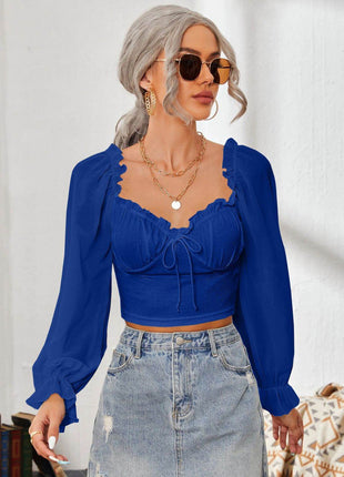 Mesh Sweetheart Neck Flounce Sleeve Top - MimiStylez