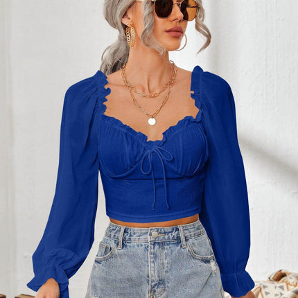 Mesh Sweetheart Neck Flounce Sleeve Top - MimiStylez