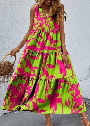 Tiered Printed V-Neck Sleeveless Dress - MimiStylez