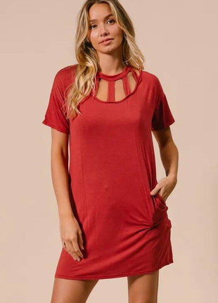 BiBi Front Cutout Mini Tee Dress with Pockets - MimiStylez
