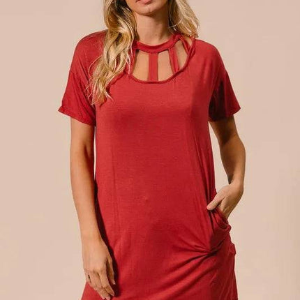 BiBi Front Cutout Mini Tee Dress with Pockets - MimiStylez