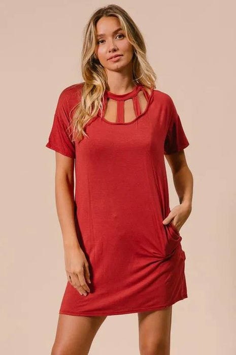 BiBi Front Cutout Mini Tee Dress with Pockets - MimiStylez