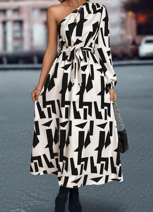 Printed One-Shoulder Tie Waist Dress - MimiStylez