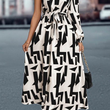 Printed One-Shoulder Tie Waist Dress - MimiStylez