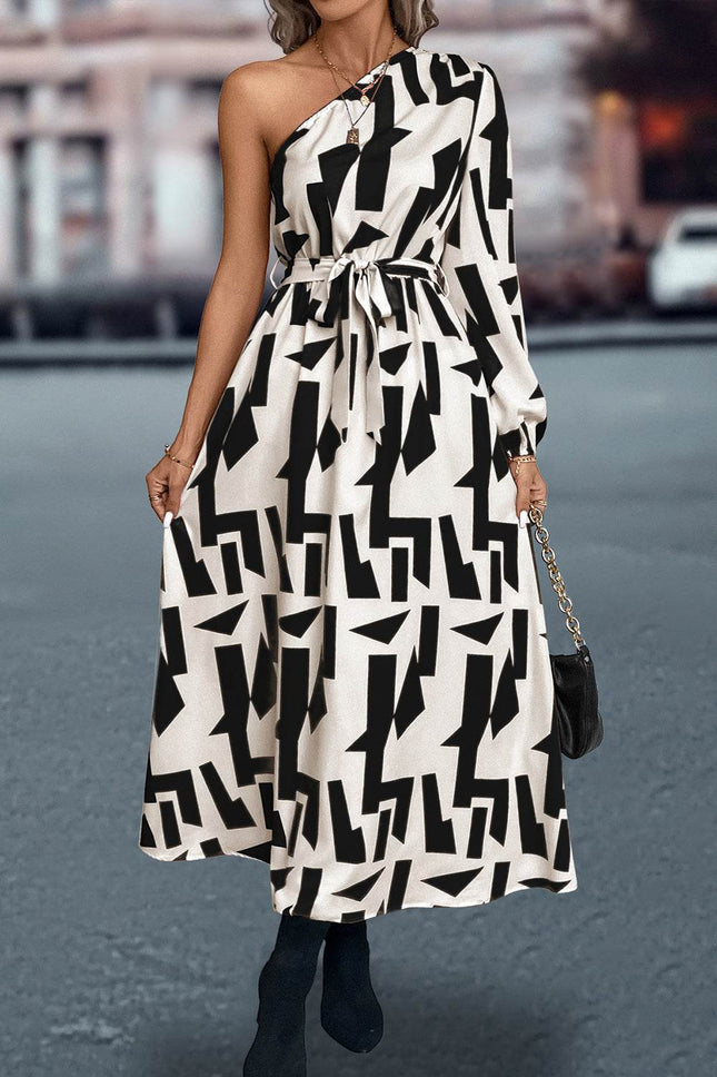 Printed One-Shoulder Tie Waist Dress - MimiStylez