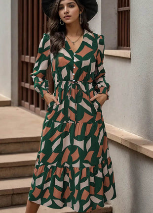 Perfee Printed Tied Pocketed Lantern Sleeve Dress - MimiStylez