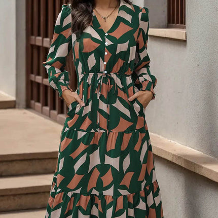 Perfee Printed Tied Pocketed Lantern Sleeve Dress - MimiStylez