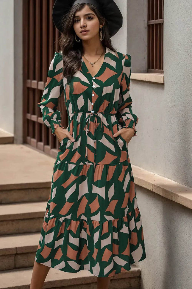 Perfee Printed Tied Pocketed Lantern Sleeve Dress - MimiStylez
