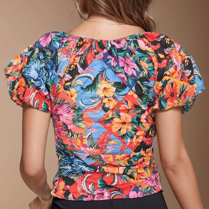 Ruched Printed V-Neck Short Sleeve Blouse - MimiStylez