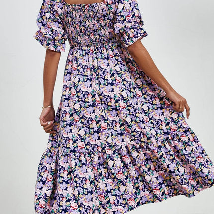 Smocked Floral Square Neck Short Sleeve Dress - MimiStylez
