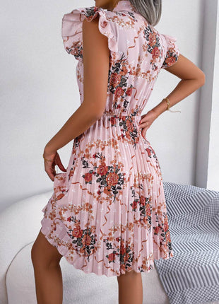Pleated Floral Printed Tie Neck Knee Length Dress - MimiStylez