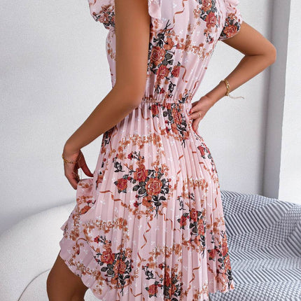 Pleated Floral Printed Tie Neck Knee Length Dress - MimiStylez