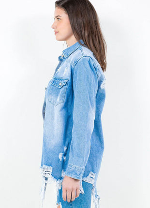 American Bazi Frayed Hem Distressed Denim Shirt Jacket - MimiStylez
