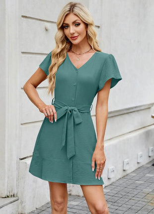 Tied Button Up Short Sleeve Mini Shirt Dress - MimiStylez