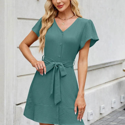 Tied Button Up Short Sleeve Mini Shirt Dress - MimiStylez