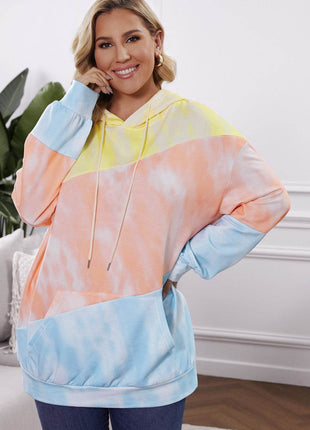 Plus Size Drawstring Color Block Dropped Shoulder Hoodie - MimiStylez