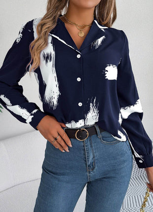 Printed Collared Neck Button Up Shirt - MimiStylez