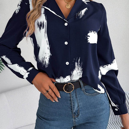 Printed Collared Neck Button Up Shirt - MimiStylez