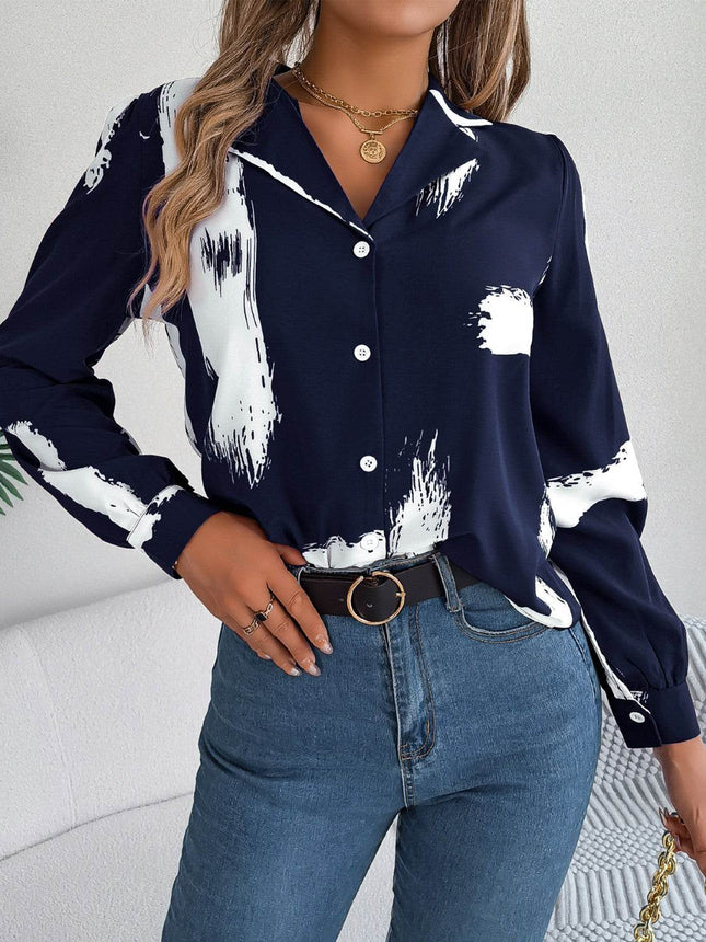 Printed Collared Neck Button Up Shirt - MimiStylez