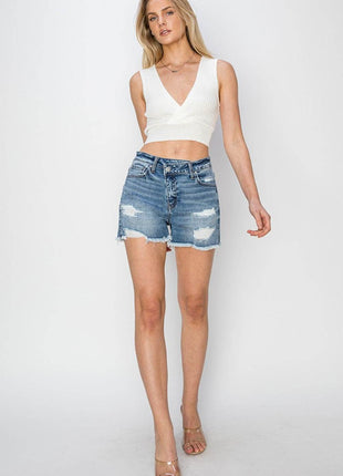 RISEN Stepped Waist Frayed Denim Shorts - MimiStylez