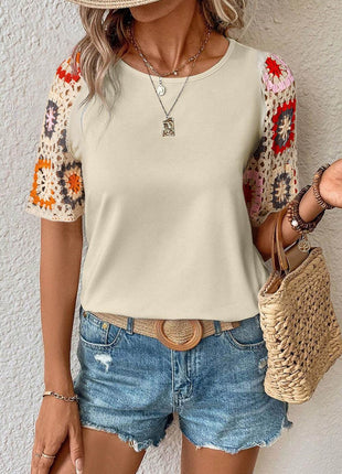 Geometric Round Neck Short Sleeve Blouse - MimiStylez